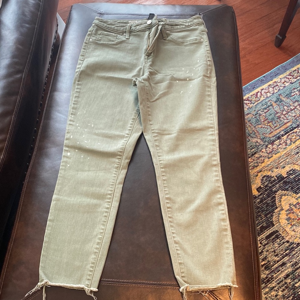 Olive Green/Khaki Paint Splatter Stretch Cropped Jeans